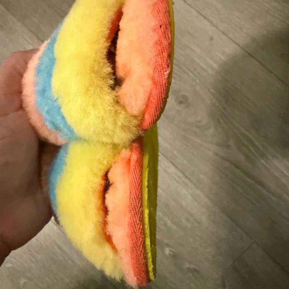 UGG Fluff Yeah Colorful Rainbow Stripe Sheepskin Cozy Slides Sandals Kids 7
